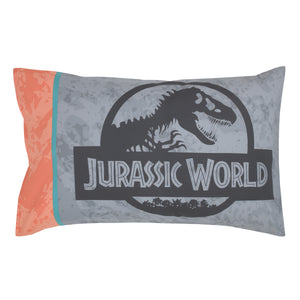 Universal Jurassic World Into The Wild Grey, White, Orange and Aqua T. Rex 4 Piece Toddler Bed Set - Comforter, Fitted Bottom Sheet, Flat Top Sheet and Reversible Pillowcase
