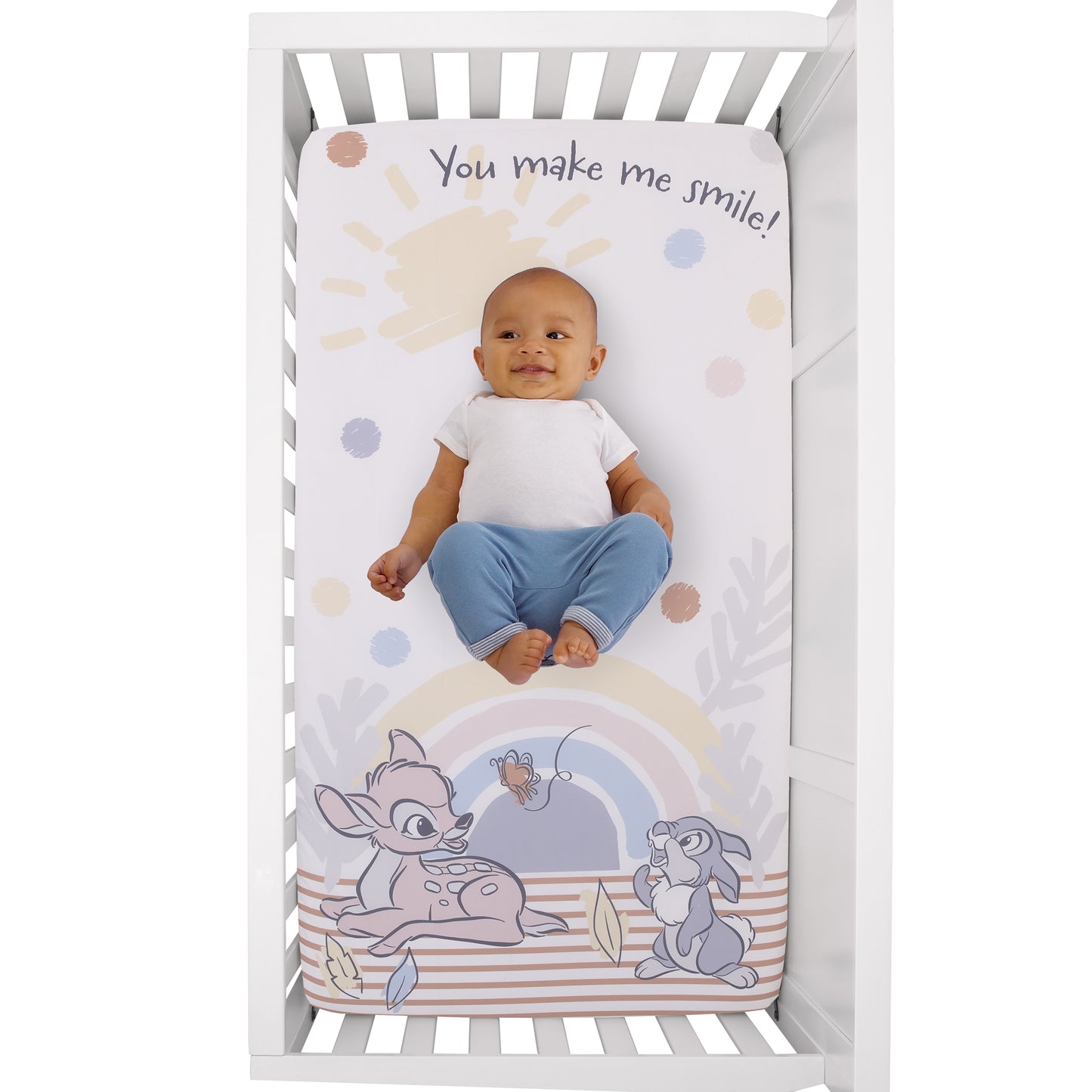 Disney B is for Bambi Tan, Gray, Blue, and White You Make Me Smile Photo Op Fitted Crib Sheet