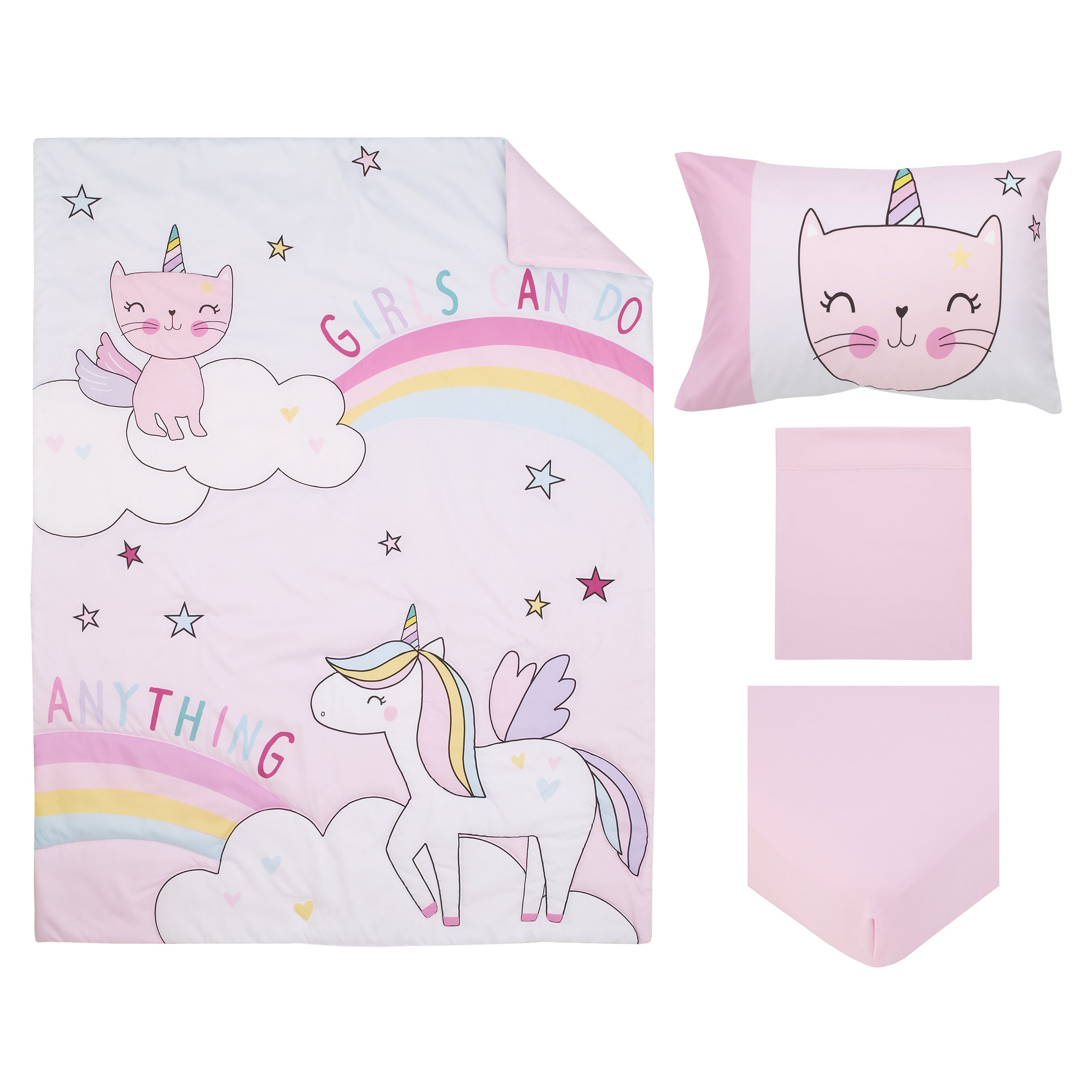 Everything Kids Caticorn Girl Power Pink and White with Pastel Rainbows and White Clouds Girls Can Do Anything Unicorn Stars 4 Piece Toddler Bed Set Comforter Fitted Bottom Sheet Flat Top