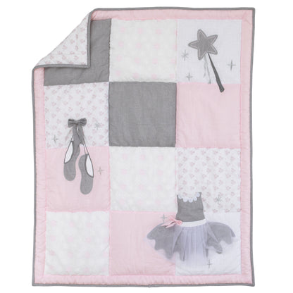 NoJo Ballerina Bows Pink, Sparkle Grey Metallic, and White 4 Piece Nursery Crib Bedding Set - Comforter, 100% Cotton Fitted Crib Sheet, Dust Ruffle, Storage