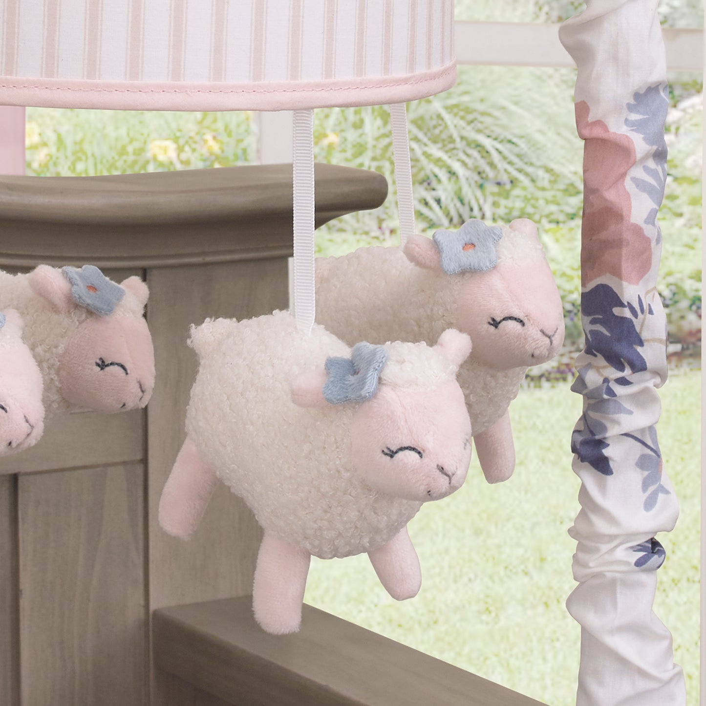 NoJo Farmhouse Chic Pink and White Stripe Lamb and Floral Musical Mobile