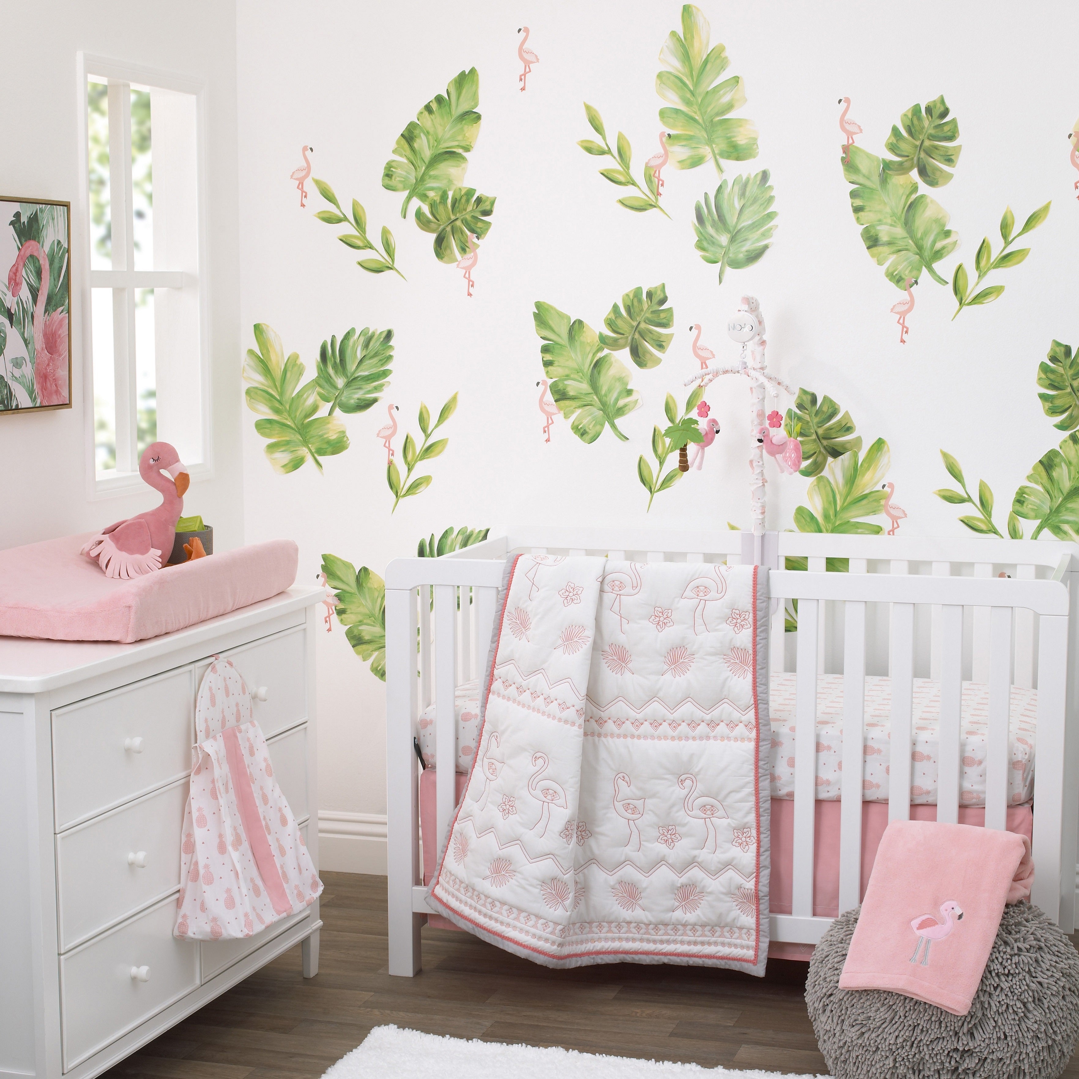 Baby mobile flamingo Tropical baby mobile Baby outlet girl mobile Hawaii nursery mobile Pink mobile monstera leaf mobile Tropical Bird