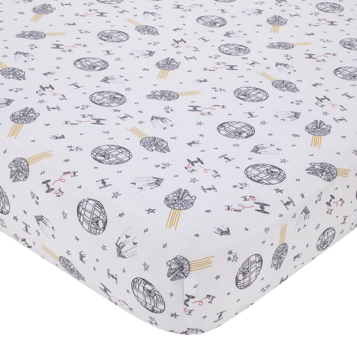 Star Wars May The Force Be With You White and Gold Millennium Falcon and Death Star Nursery Fitted Crib Sheet