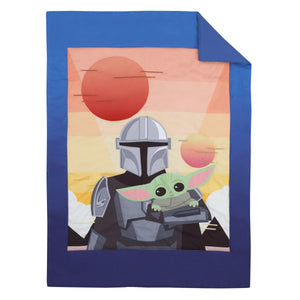 Star Wars The Mandalorian and The Child Grogu Blue, and Yellow, and Orange Din Djarin Twin Suns 4 Piece Toddler Bed Set - Comforter, Fitted Bottom Sheet, Flat Top Sheet, and Reversible Pillowcase