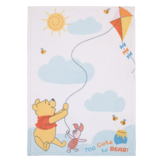 Disney Winnie the Pooh Too Cute to Bear Aqua, Yellow, and White Super Soft Photo Op Baby Blanket