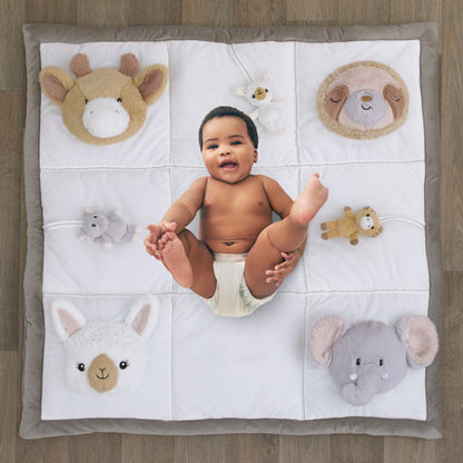 NoJo Playful Pals White, Tan, and Gray Four 3D Animals With Crinkle Plush Tummy Time Play Mat - Sloth, Llama, Elephant, and Giraffe