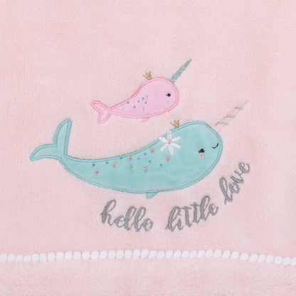 NoJo Under the Sea Whimsy Pink and Blue Narwhals Super Soft Appliqued Baby Blanket