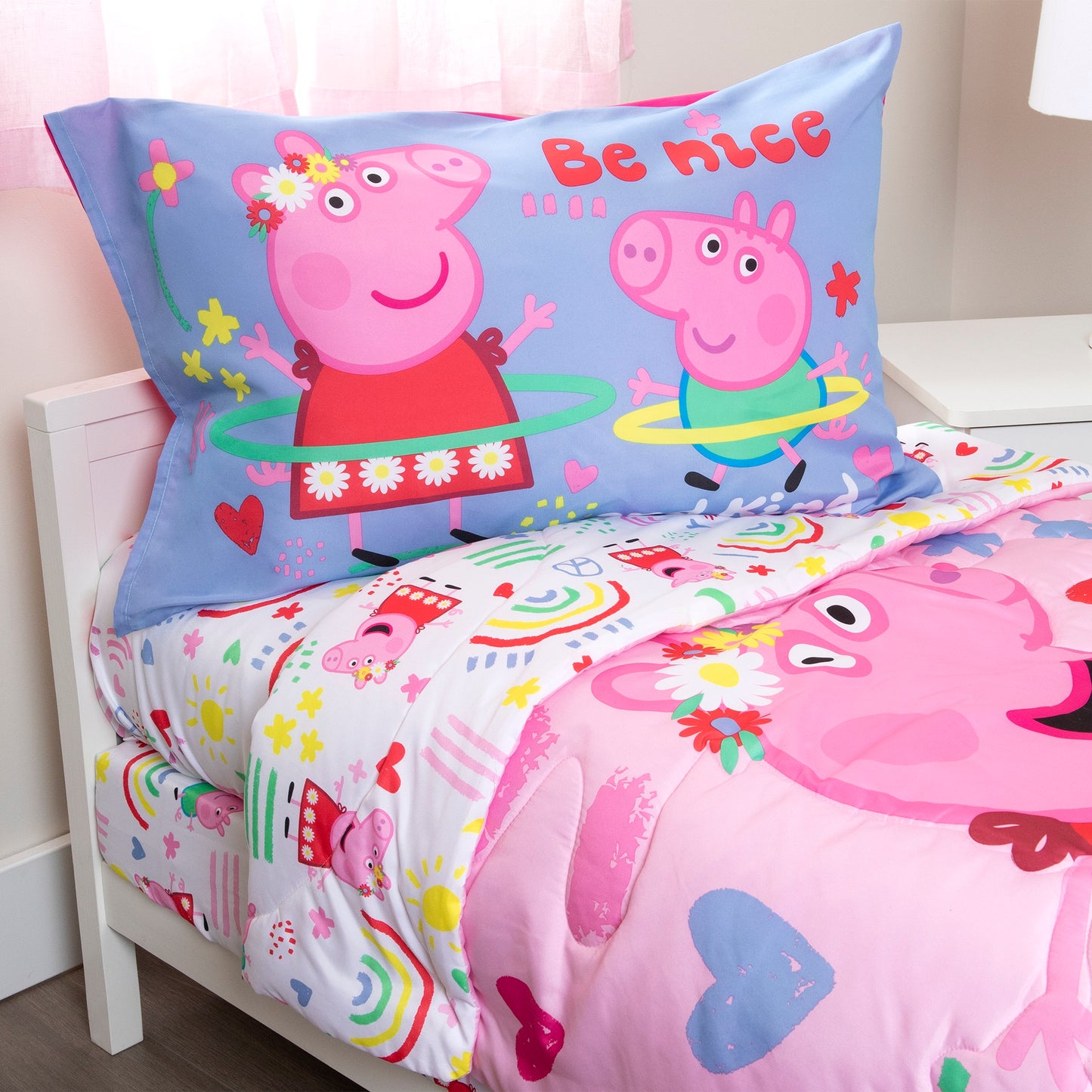 NoJo Peppa Pig 4 Piece Toddler Bed Set - Includes Comforter, Fitted Bottom Sheet, Flat Top Sheet, Reversible Pillowcase