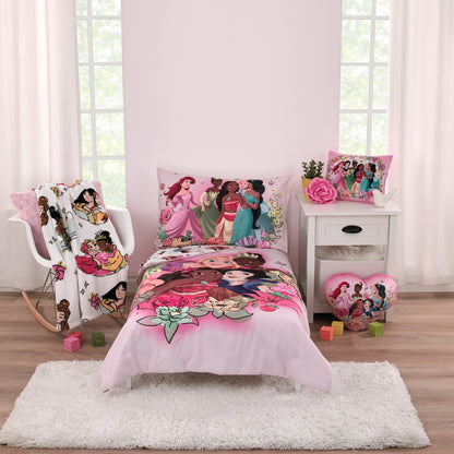 Disney Princesses Courage and Kindness Pink, Blue, and White, Rapunzel, Ariel, Tiana, Moana, Jasmine, Cinderella, Mulan, Belle, and Snow White 4 Piece Toddler Bed Set - Comforter, Fitted Bottom Sheet, Flat Top Sheet, and Reversible Pillowcase