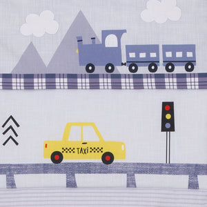 Transportation Trails Navy, Red, and Yellow Busy Cars, Trucks, Fire Engines 4 Piece Nursery Crib Bedding Set - Comforter, 100% Cotton Fitted Crib Sheet, Crib Skirt, and Nursery Organizer