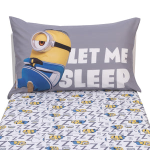 Illumination Lazy Minions Club Gray, Blue, Yellow, and White Let Me Sleep 2 Piece Toddler Sheet Set - Fitted Bottom Sheet, Reversible Pillowcase
