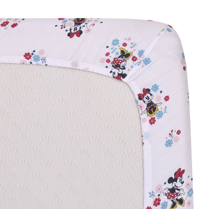 Disney Minnie Mouse - Pink, Blue and White Small Town Floral Nursery Fitted Mini Crib Sheet