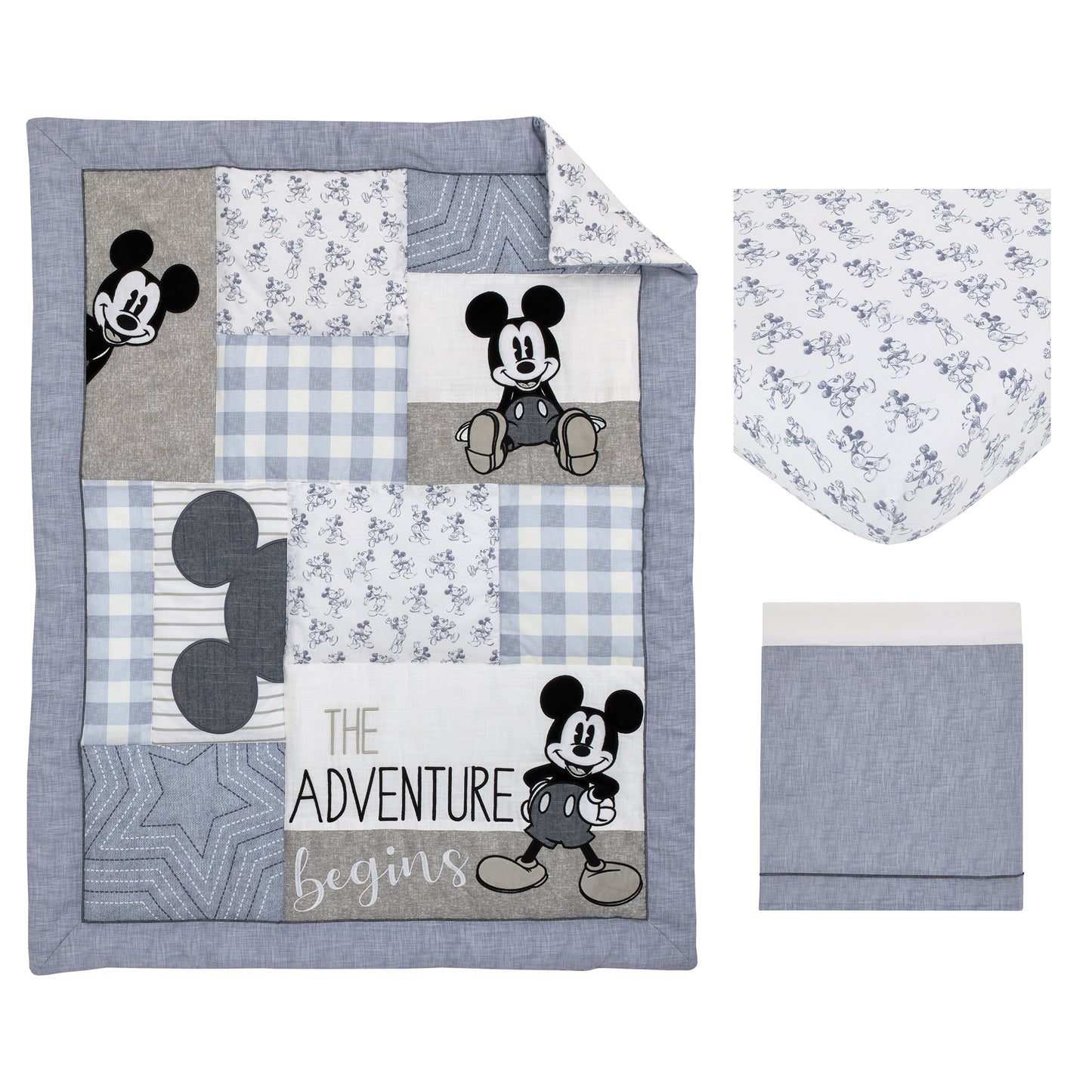Disney Mickey Mouse - Call Me Mickey Blue, White, and Gray The Adventure Begins Stars and Gingham 3 Piece Nursery Crib Bedding Set - Comforter, 100% Cotton Fitted Crib Sheet, and Crib Skirt