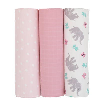 Carter's Floral Elephant Pink and White Butterfly and Polka Dot 100% Cotton 44" x 44" 3 Pack Muslin Swaddle Blanket