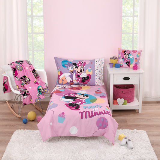 Disney Minnie Mouse Let's Party Pink, Lavender, and White Balloons, Cupcakes, and Confetti Party at Minnie's 4 Piece Toddler Bed Set - Comforter, Fitted Bottom Sheet, Flat Top Sheet, and Reversible Pillowcase