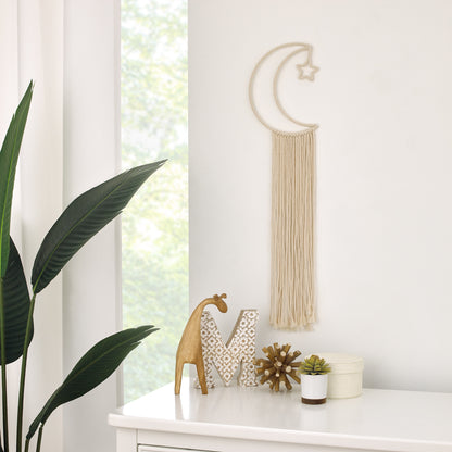 Little Love by NoJo Natural Ivory Macramé Moon Shaped Wall Décor With Fringe, 18" Long