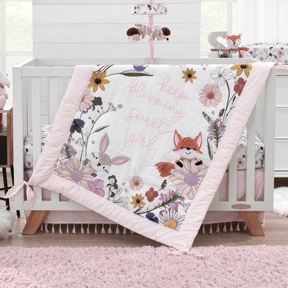 NoJo Keep Blooming Pink, White, Purple and Gold, Flowers, Fox, Bunny and Birds "Keep Blooming Sweet Girl" 4 Piece Nursery Crib Bedding Set - Comforter, 100% Cotton Fitted Crib Sheet, Crib Skirt, and Storage