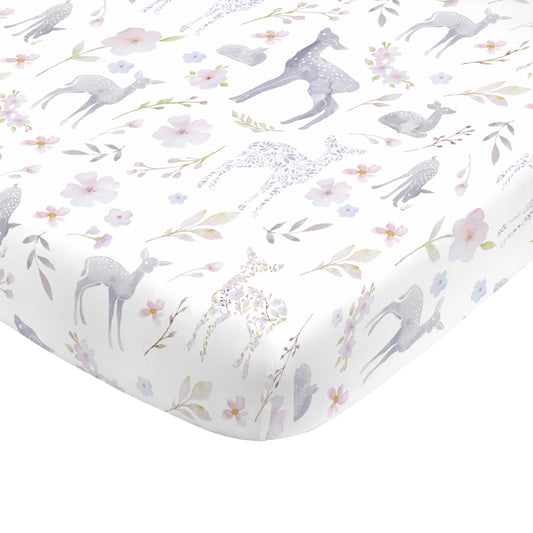 NoJo Super Soft Floral Deer Nursery Crib Fitted Sheet