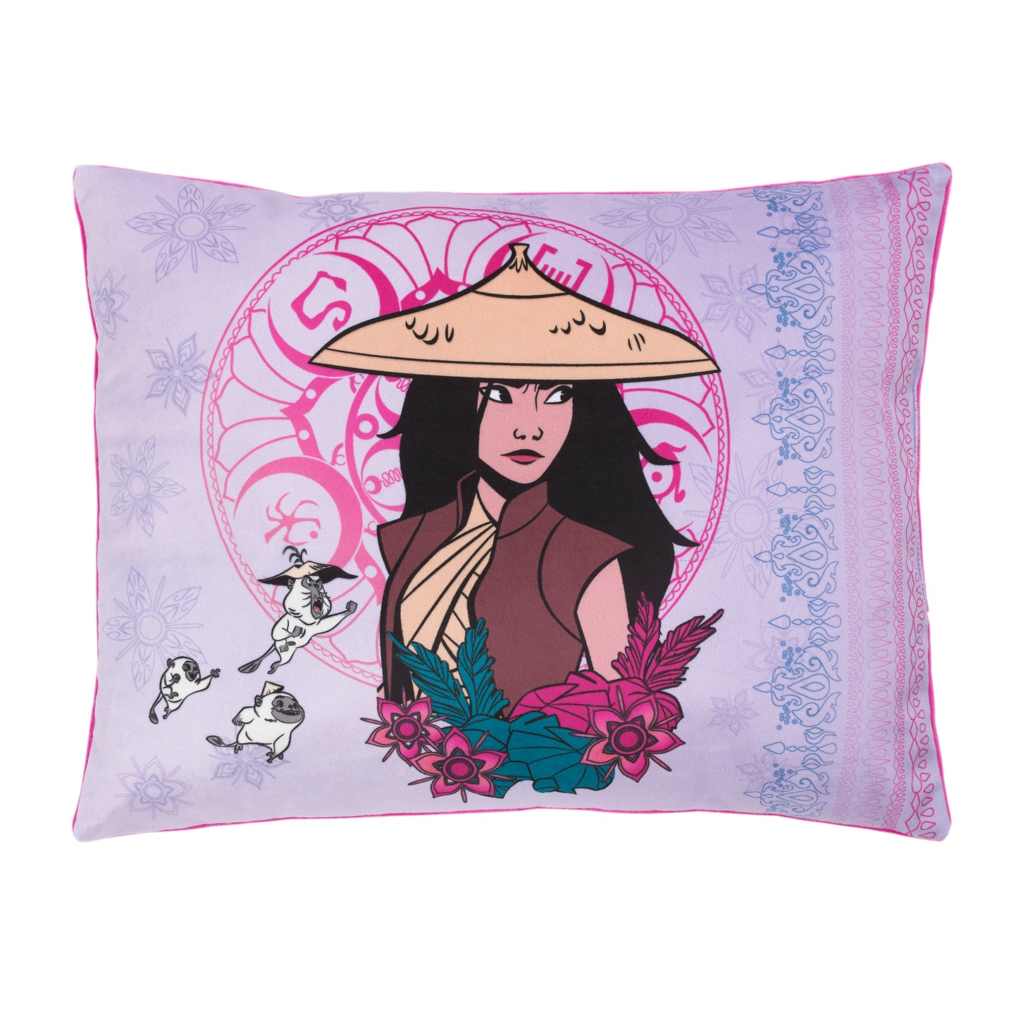 Disney Raya and the Last Dragon Mythic Pop with Ongis Lavender, Purple, and Magenta and Flowers Decorative Pillow