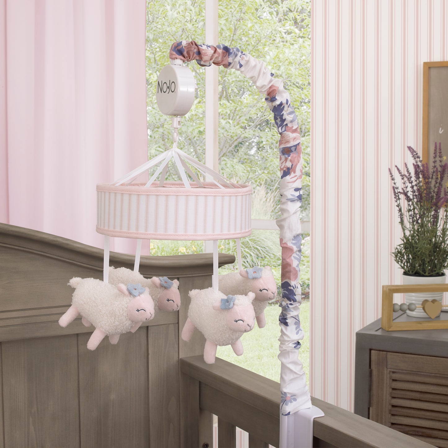 NoJo Farmhouse Chic Pink and White Stripe Lamb and Floral Musical Mobile