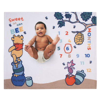 Disney Winnie the Pooh White, Blue, and Yellow Sweet As Can Bee Super Soft Photo Op Milestone Baby Blanket