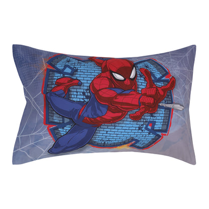 Marvel Spiderman Wall Crawler Red, White, and Blue Spider Webs 4 Piece Toddler Bed Set - Comforter, Fitted Bottom Sheet, Flat Top Sheet, and Reversible Pillowcase