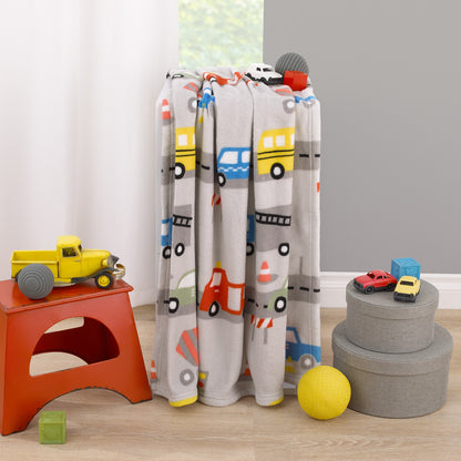 Everything Kids Construction Gray, Yellow, and Red Fire Engines, Dump Trucks, Police Cars and Busses Super Soft Toddler Blanket
