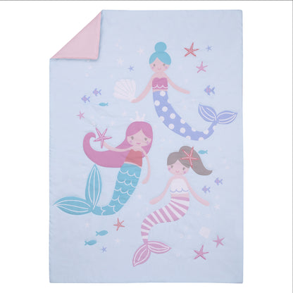 Everything Kids Mermaid Pink and Blue Dream Big Little Mermaid 4 Piece Toddler Bed Set - Comforter, Fitted Bottom Sheet, Flat Top Sheet, and Reversible Pillowcase