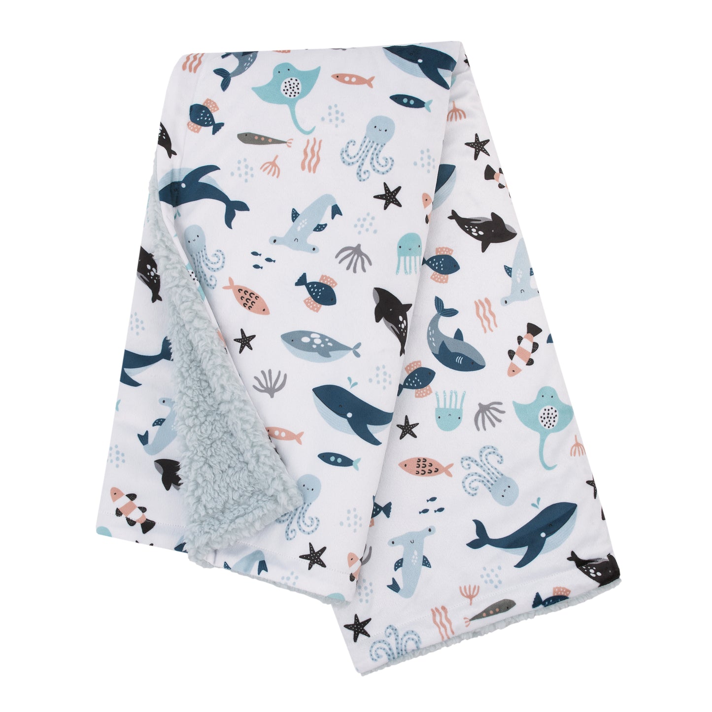 NoJo Explore Dream Discover Light Blue, Navy, Gray and Coral Super Soft Sherpa Baby Blanket