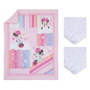 Disney Minnie Mouse Be Happy Pink Rainbow, Stars, and Clouds 3 Piece Nursery Mini Crib Bedding Set - Comforter and Two Fitted Mini Crib Sheets