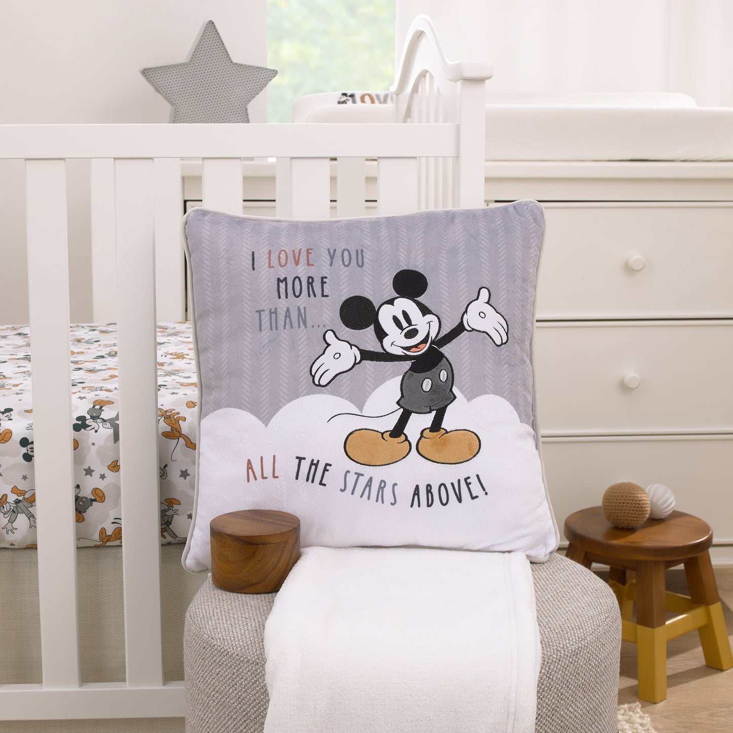 Disney Mickey Mouse Love Mickey Gray, White, Black, and Tan I Love You More Than All The Stars Above Applique Decorative Pillow