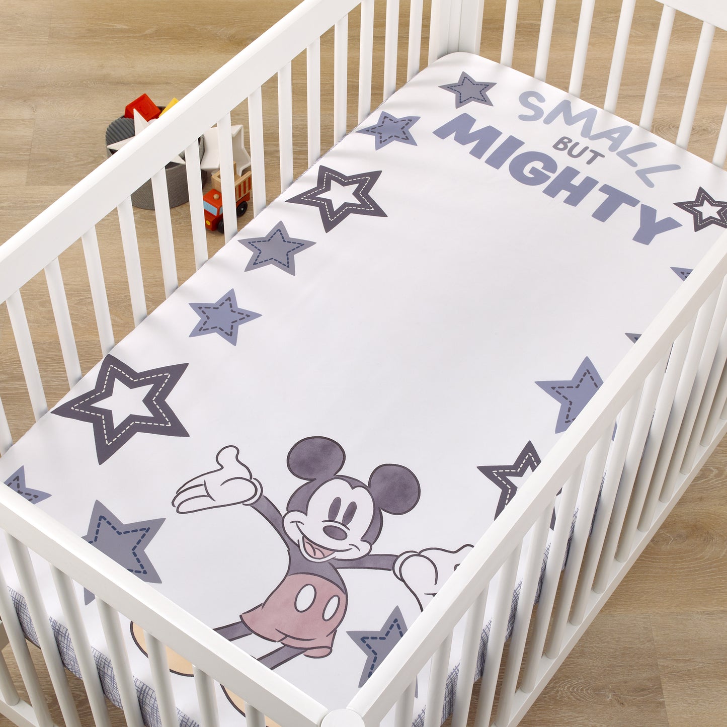 Disney Mickey Mouse Mighty Mickey Gray, Blue, Red and Yellow "Small But Mighty" Nursery Photo Op Fitted Crib Sheet