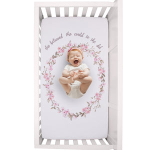 Ever & Ever Flower Fairy Pink, White, and Taupe She Believed, She Could, So She Did 100% Cotton Nursery Photo Op Fitted Crib Sheet