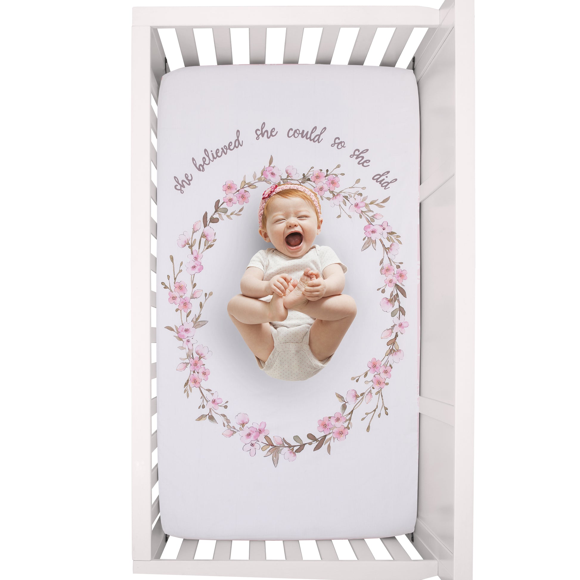 Ever & Ever Flower Fairy Pink, White, and Taupe She Believed, She Could, So She Did 100% Cotton Nursery Photo Op Fitted Crib Sheet