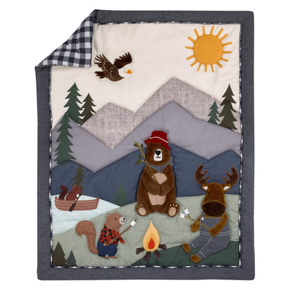 NoJo Into the Wilderness Navy, Green, and Brown, Camping Bear, Moose, Eagle, and Beaver Campfire 4 Piece Nursery Crib Bedding Set - Comforter, Cotton Fitted Crib Sheet, Crib Skirt, and Storage Tote