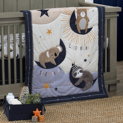 NoJo Goodnight Sleep Tight White and Blue Koala, Sloth, Bear, Star, and Moon 4 Piece Nursery Crib Bedding Set - Comforter, 100% Cotton Fitted Crib Sheet, Crib Skirt, and Storage