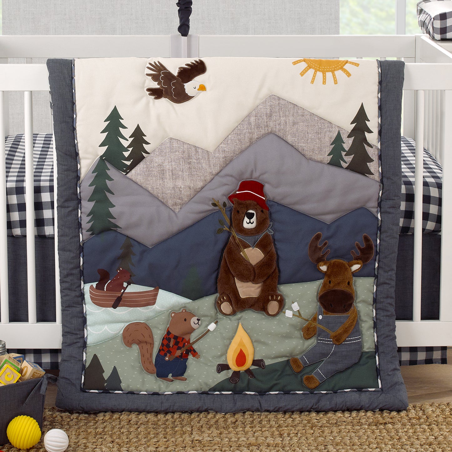 NoJo Into the Wilderness Navy, Green, and Brown, Camping Bear, Moose, Eagle, and Beaver Campfire 4 Piece Nursery Crib Bedding Set - Comforter, Cotton Fitted Crib Sheet, Crib Skirt, and Storage Tote