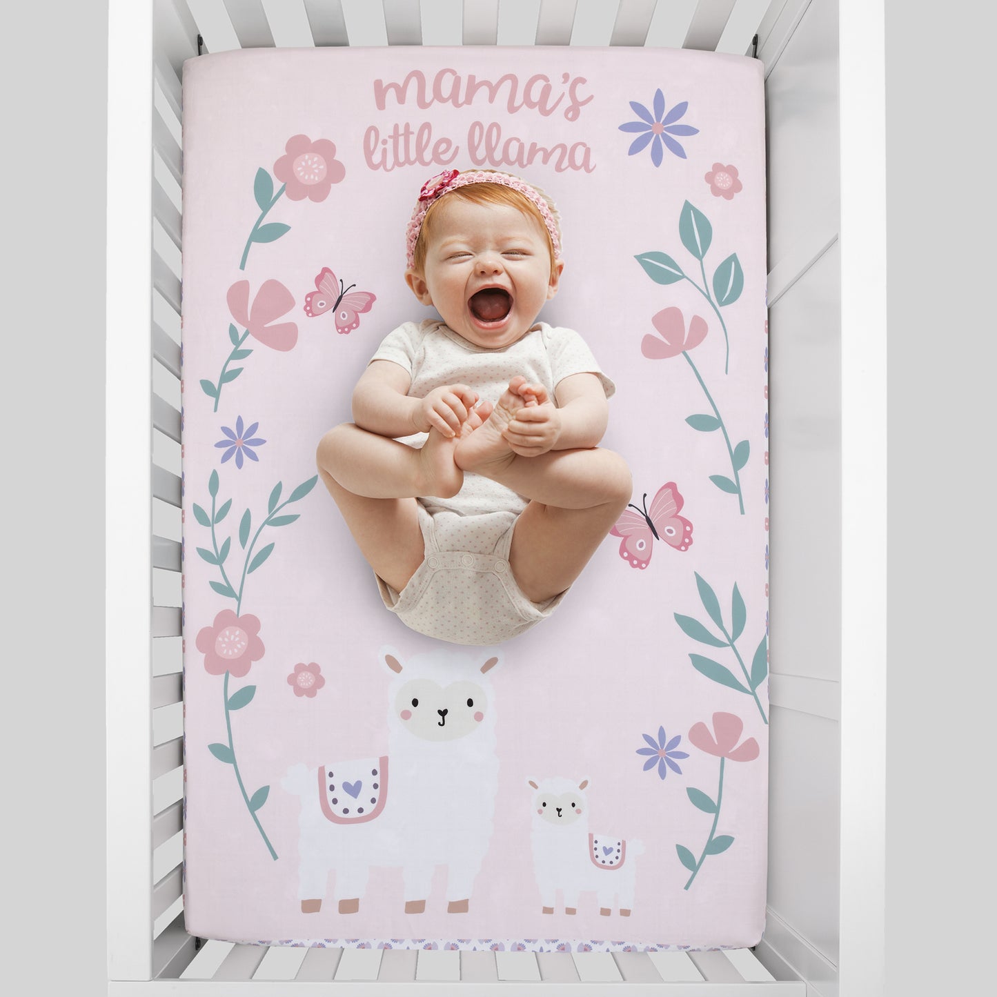 Little Love by NoJo Mama's Little Llama Pink and Lavender Floral Photo Op Fitted Mini Crib Sheet