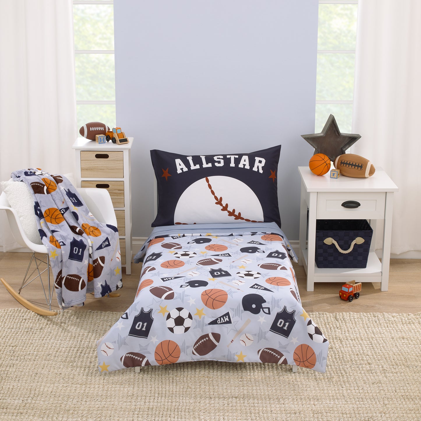 Everything Kids Sports Gray, Navy, Orange, and Brown Super Soft Toddler Blanket