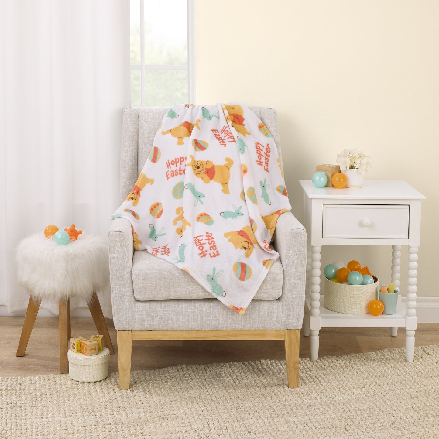Disney Winnie the Pooh Aqua, Tan, Red, and White Hoppy Easter Super Soft Plush Baby Blanket