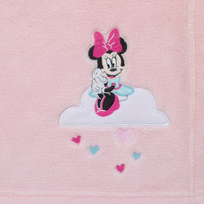 Disney Minnie Mouse Be Happy Pink, Aqua and White Super Soft Baby Blanket with Cloud Applique