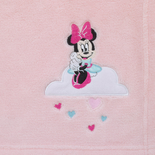Disney Minnie Mouse Be Happy Pink, Aqua and White Super Soft Baby Blanket with Cloud Applique