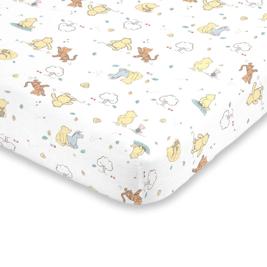 Disney Winnie the Pooh Classic Pooh 100% Cotton Fitted Crib Sheet in Ivory, Butter, Aqua and Orange