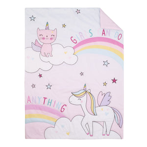 Everything Kids Caticorn Girl Power Pink and White with Pastel Rainbows and White Clouds Girls Can Do Anything Unicorn Stars 4 Piece Toddler Bed Set - Comforter, Fitted Bottom Sheet, Flat Top Sheet, and Reversible Pillowcase