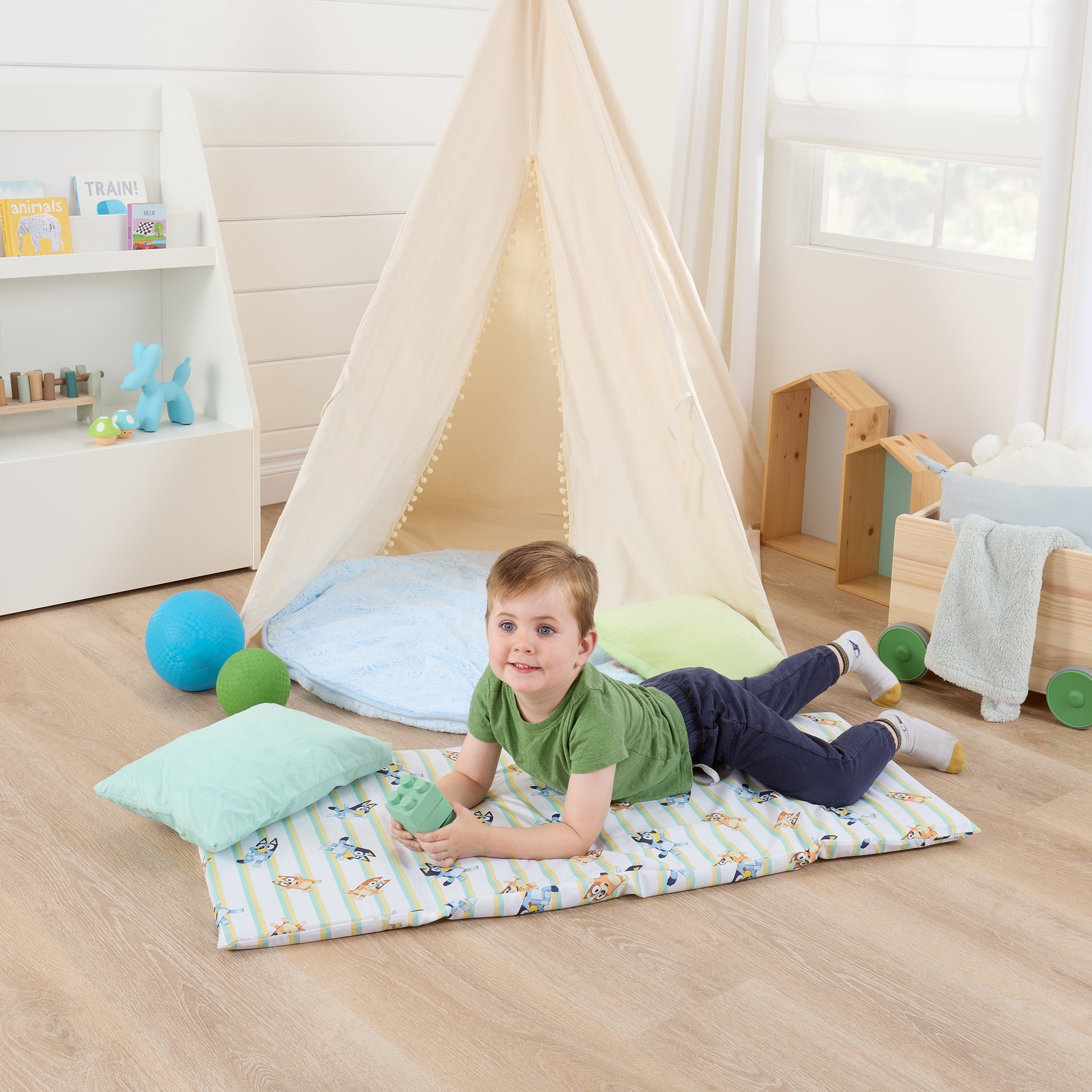 NoJo Bluey Preschool Nap Mat Sheet, Blue, Orange and Green Pinstripe