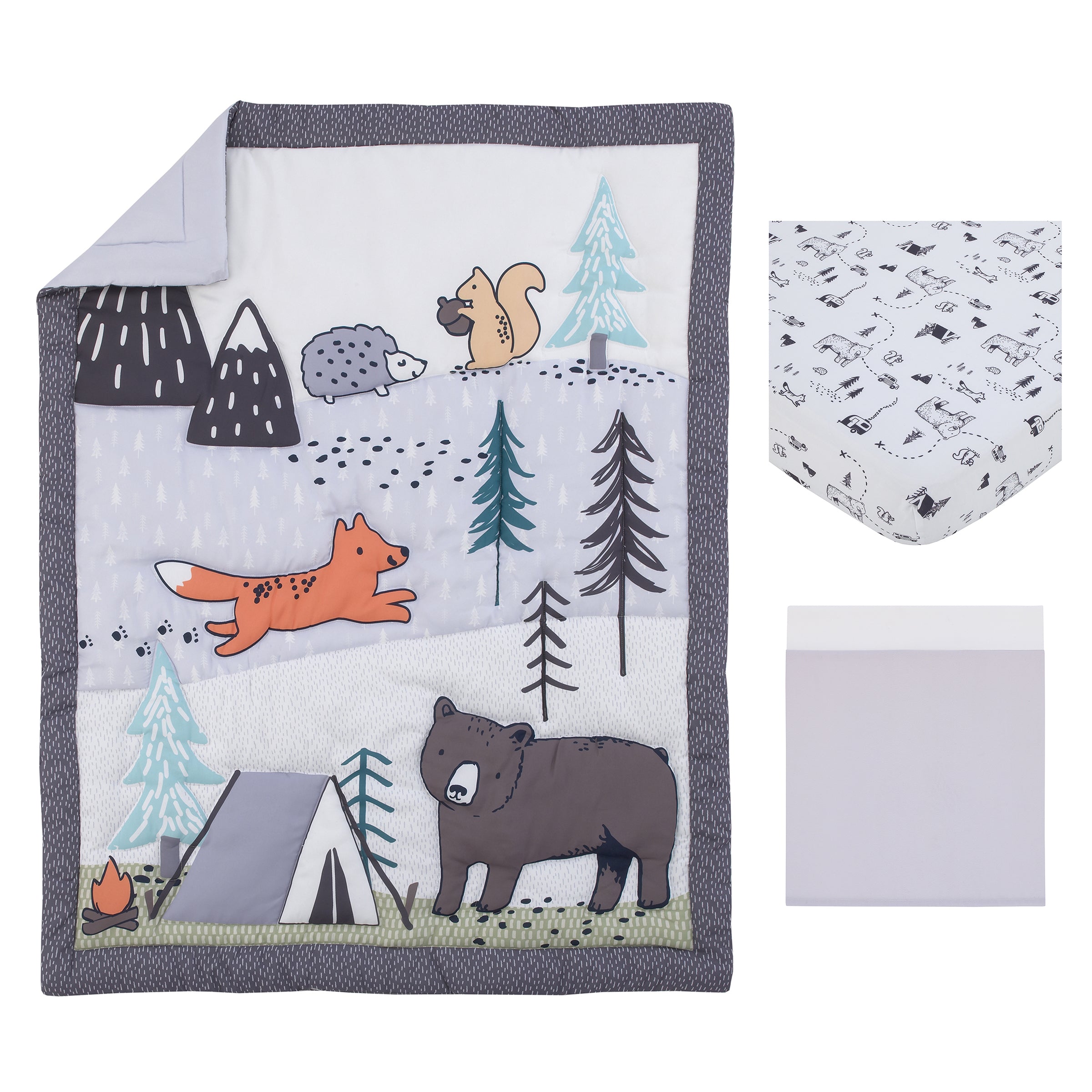 Carter s Woodland Friends Gray Multi Colored Bear and Fox Squirrel Tree Tent and Campfire 3 Piece Nursery Crib Bedding Set Comforter Fitted Crib Sheet and Crib Skirt NoJo Baby