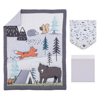 Carter's Woodland Friends Gray Multi Colored Bear and Fox, Squirrel, Tree, Tent, and Campfire 3 Piece Nursery Crib Bedding Set - Comforter, Fitted Crib Sheet, and Crib Skirt