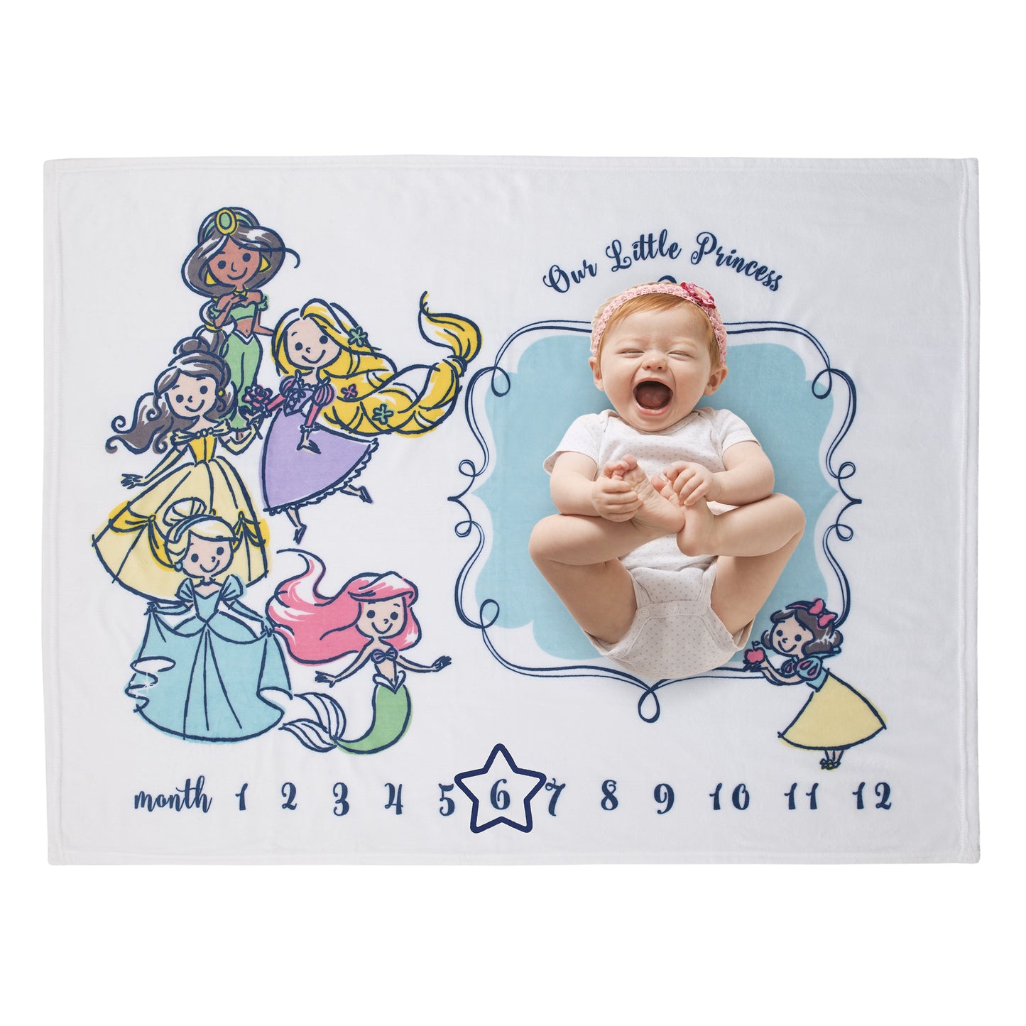 Disney Princess White, Pink, Yellow and Aqua Super Soft Milestone Baby Blanket