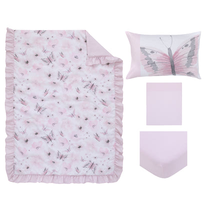 Everything Kids Floral Butterfly Pink, White, and Gray 4 Piece Toddler Bed Set - Comforter, Fitted Bottom Sheet, Flat Top Sheet, and Reversible Pillowcase