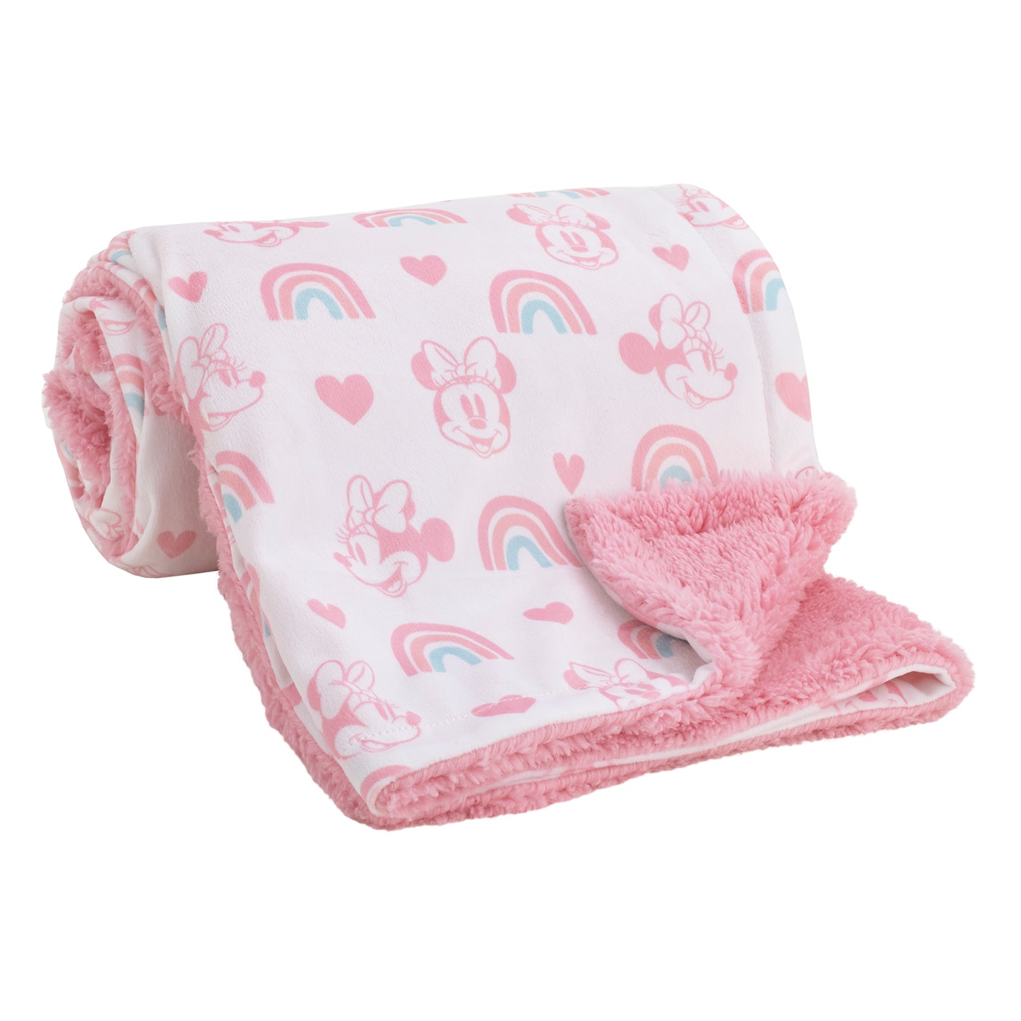Disney Minnie Mouse White, Pink, and Aqua Rainbow and Hearts Super Soft Velboa with Sherpa Back Baby Blanket